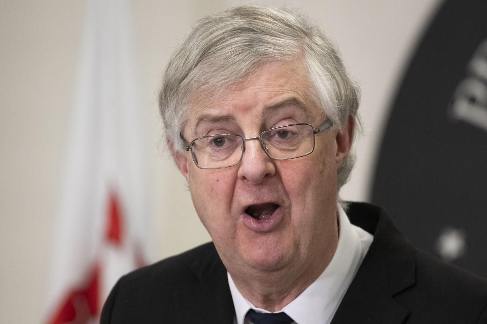 CARDIFF, WALES - FEBRUARY 19: First Minister of Wales Mark Drakeford speaks during a coronavirus press conference at the Welsh Government Building in Cathays Park on February 19, 2021 in Cardiff, Wales. Wales First Minister Mark Drakeford has said Wales will remain in lockdown for another three weeks. Primary school children will begin returning to school from February 22 and the Welsh Government has confirmed that it will be reviewing the restrictions around non-essential retail and close contact services as part of its next 21-day review which will end on Friday, March 12. (Photo by Matthew Horwood/Getty Images)