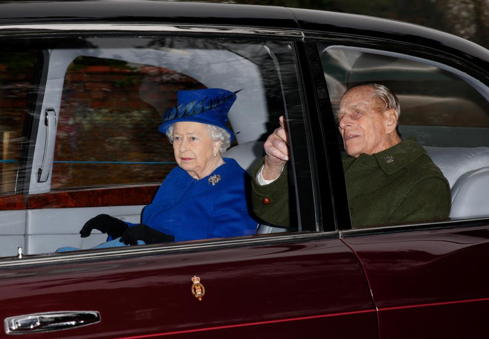 KING'S LYNN, UNITED KINGDOM - JANUARY 08: (EMBARGOED FOR PUBLICATION IN UK NEWSPAPERS UNTIL 48 HOURS AFTER CREATE DATE AND TIME) Queen Elizabeth II and Prince Philip, Duke of Edinburgh depart after attending the Sunday service at St Mary Magdalene Church, Sandringham on January 8, 2017 in King's Lynn, England. The Queen missed services on Christmas Day and New Year's Day after suffering a heavy cold. (Photo by Max Mumby/Indigo/Getty Images)