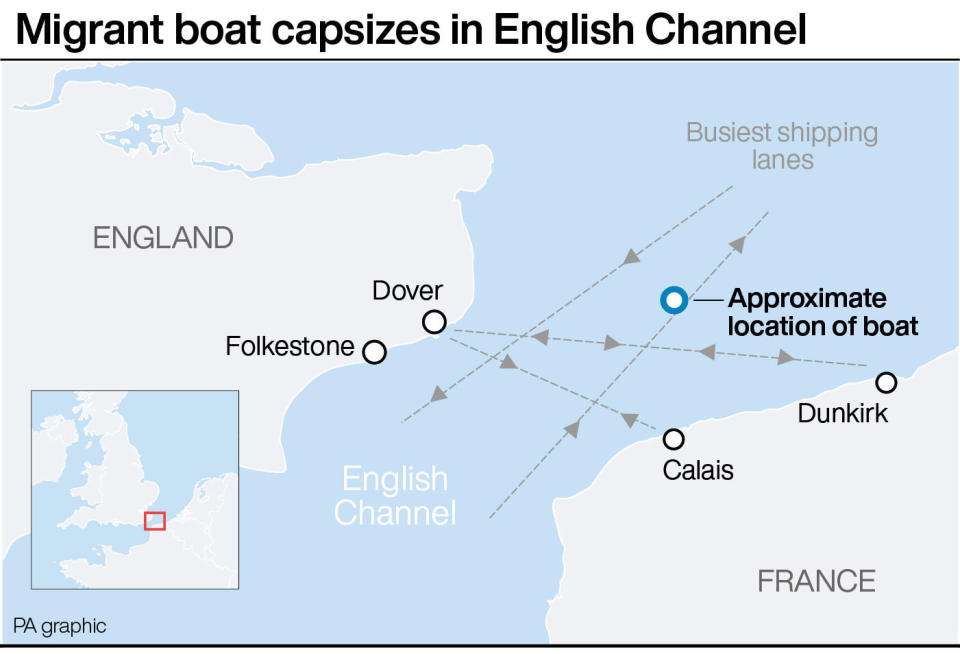 A graphic showing the location of the boat which capsized on Wednesday in the Channel. (PA)