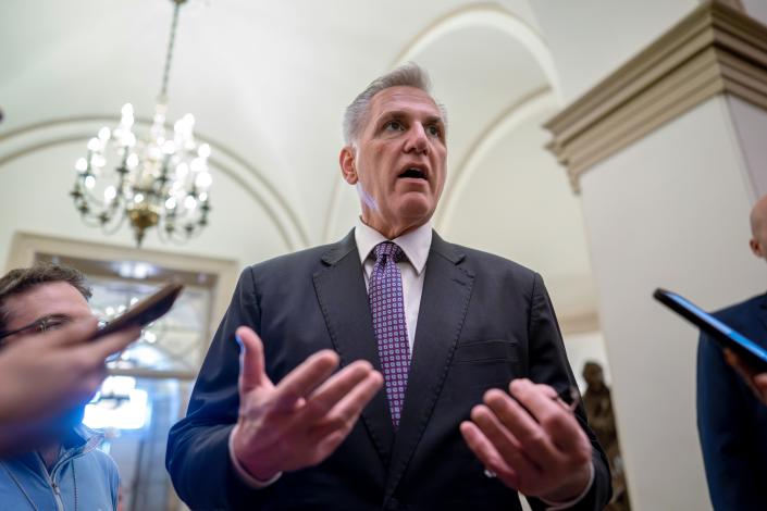 Speaker of the House Kevin McCarthy, R-Calif., stops to talk to reporters about the debt limit negotiations as he arrives at the Capitol in Washington, Monday, May 22, 2023. McCarthy and President Joe Biden are set to meet in the afternoon at the White House about raising the debt limit.