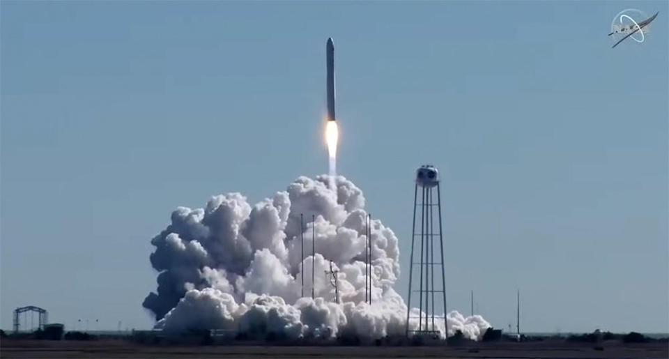 A Northrop Grumman Antares 230+ rocket blasts off from Wallops Island, Virginia, carrying a Cygnus cargo ship loaded with more than 8,000 pounds of supplies and equipment bound for the International Space Station. / Credit: NASA TV