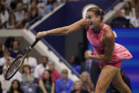 Aryna Sabalenka, of Belarus, returns a shot to Coco Gauff, of the United States, during the women's singles final of the U.S. Open tennis championships, Saturday, Sept. 9, 2023, in New York. (AP Photo/Charles Krupa)