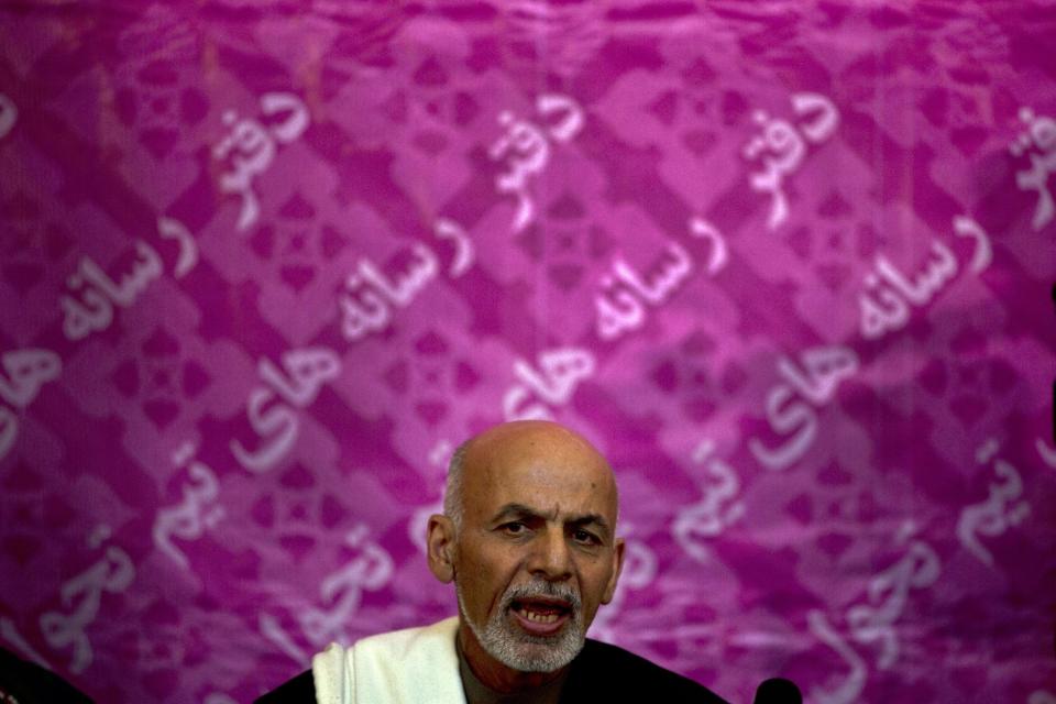 Afghan presidential candidate Ashraf Ghani Ahmadzai speaks during a press conference, in Kabul, Afghanistan, Saturday, April 5, 2014. Afghans flocked to polling stations nationwide on Saturday, defying a threat of violence by the Taliban to cast ballots in what promises to be the nation's first democratic transfer of power. The turnout was so high that some polling centers ran out of ballots. (AP Photo/Muhammed Muheisen)