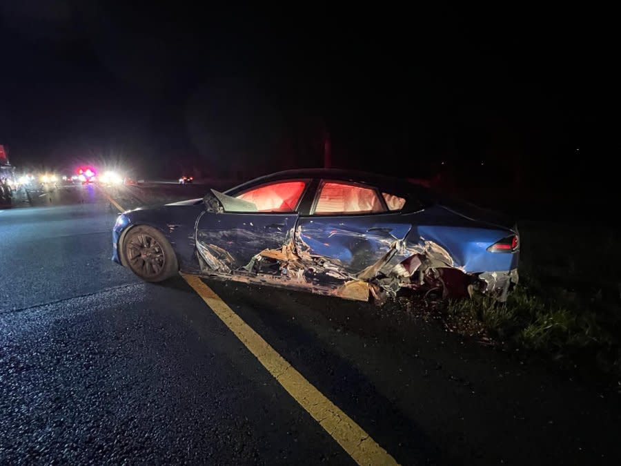 A blue Tesla Model S was one of three vehicles involved in a crash Friday, Jan. 12. A total of 6 people were taken to the hospital. (Cal Fire LNU)