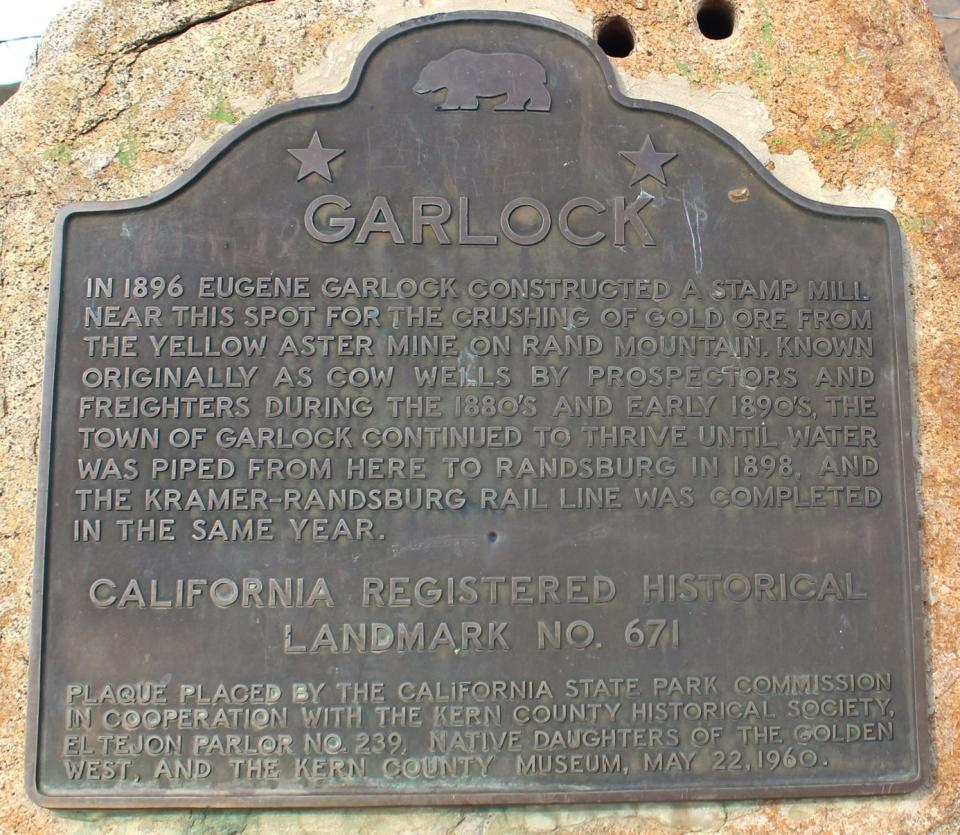 Historical plaque explaining the early history of the town of Garlock, as seen on February 15, 2024. A wonderful adventure for travelers to delve into the mining history of Kern County.