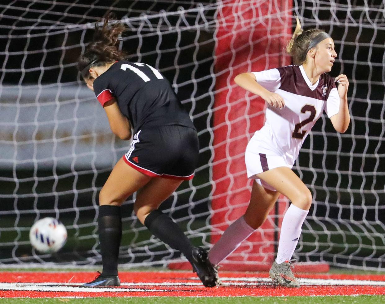 Stow's Kylie Kramer, right, celebrates a goal in the second half against Kent Roosevelt on Monday, Sept. 19, 2022 in Kent. Francesca Ferrara of Kent Roosevelt is on the left.