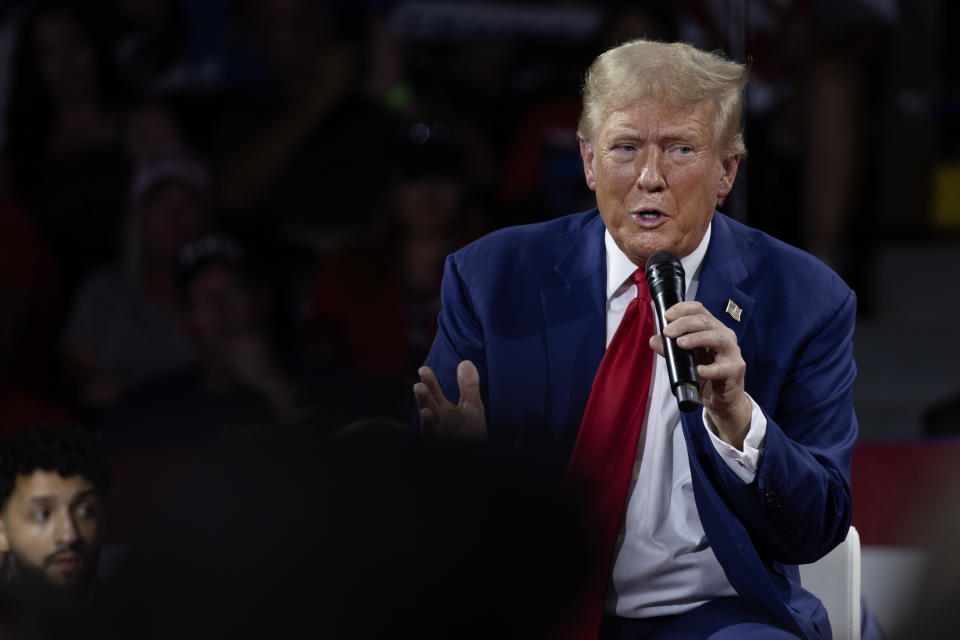 FLINT, MICHIGAN - SEPTEMBER 17: Republican presidential nominee, former U.S. President Donald Trump speaks at his first campaign event since a man carrying a rifle was arrested Sunday near where Trump was playing golf at his club in Florida, in the Dort Financial Center on September 17, 2024 in Flint, Michigan. Trump was playing an unscheduled game with real estate developer Steve Witkoff at the Trump International Golf Club in West Palm Beach when the man was spotted by security. (Photo by Scott Olson/Getty Images)