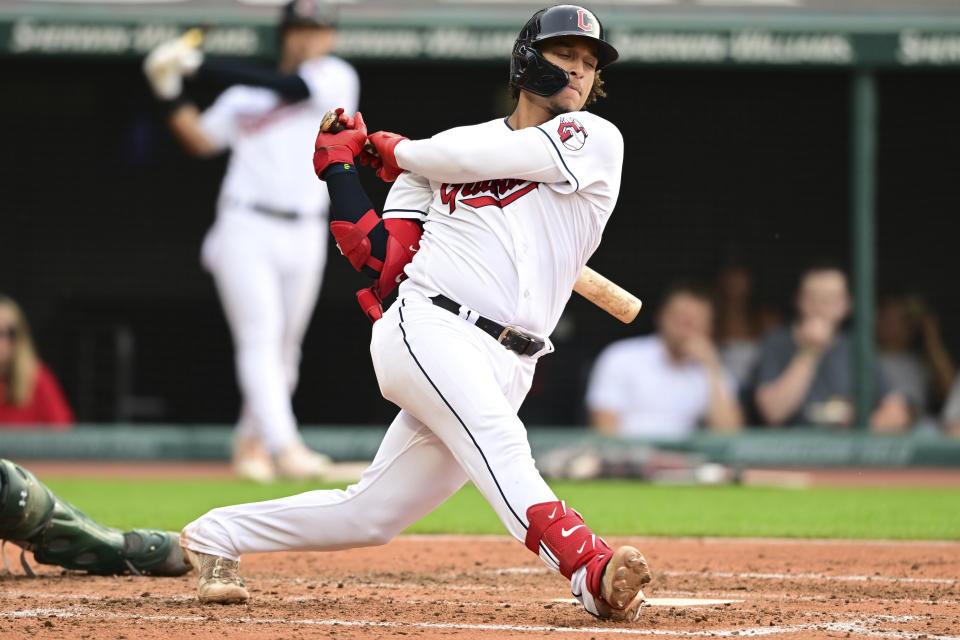 Cleveland Guardians' Bo Naylor strikes out against the Oakland Athletics during the third inning of a baseball game Tuesday, June 20, 2023, in Cleveland. (AP Photo/David Dermer)