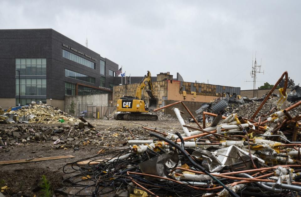 Demolition of the former Ingham County Jail, Sheriff's Department, and 55th District Court buildings seen in progress on Tuesday, June 27, 2023.