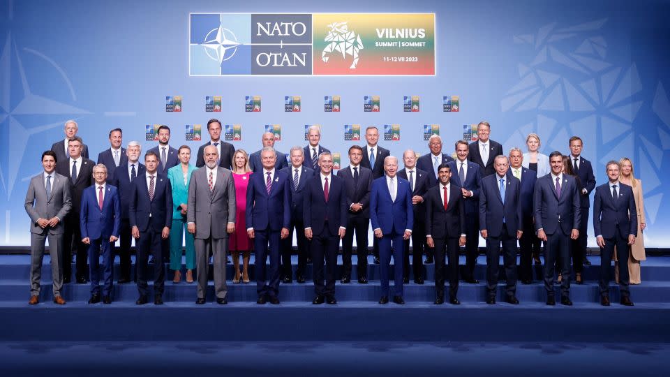 NATO Secretary General Jens Stoltenberg (C) poses for an official family photo with the participants of the NATO Summit in Vilnius on July 11, 2023.  - Odd Andersen/AFP/Getty Images