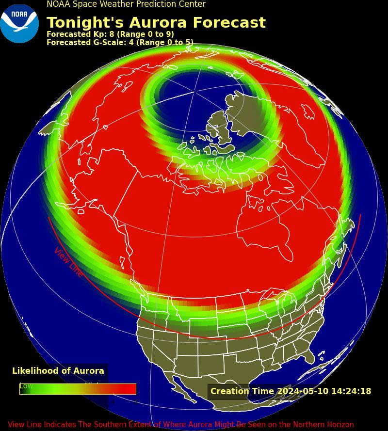 A map from the Space Weather Prediction Center shows the aurora forecast for the U.S. on May 10, 2024. / Credit: Space Weather Prediction Center