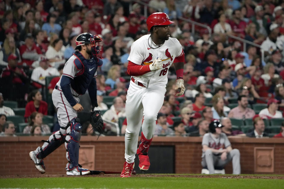 St. Louis Cardinals' Jordan Walker heads toward first on an RBI single during the fourth inning of a baseball game against the Atlanta Braves Monday, April 3, 2023, in St. Louis. (AP Photo/Jeff Roberson)