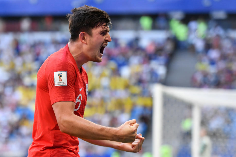 Harry Maguire celebrates after scoring for England as Gareth Southgate’s team made the World Cup semi-finals