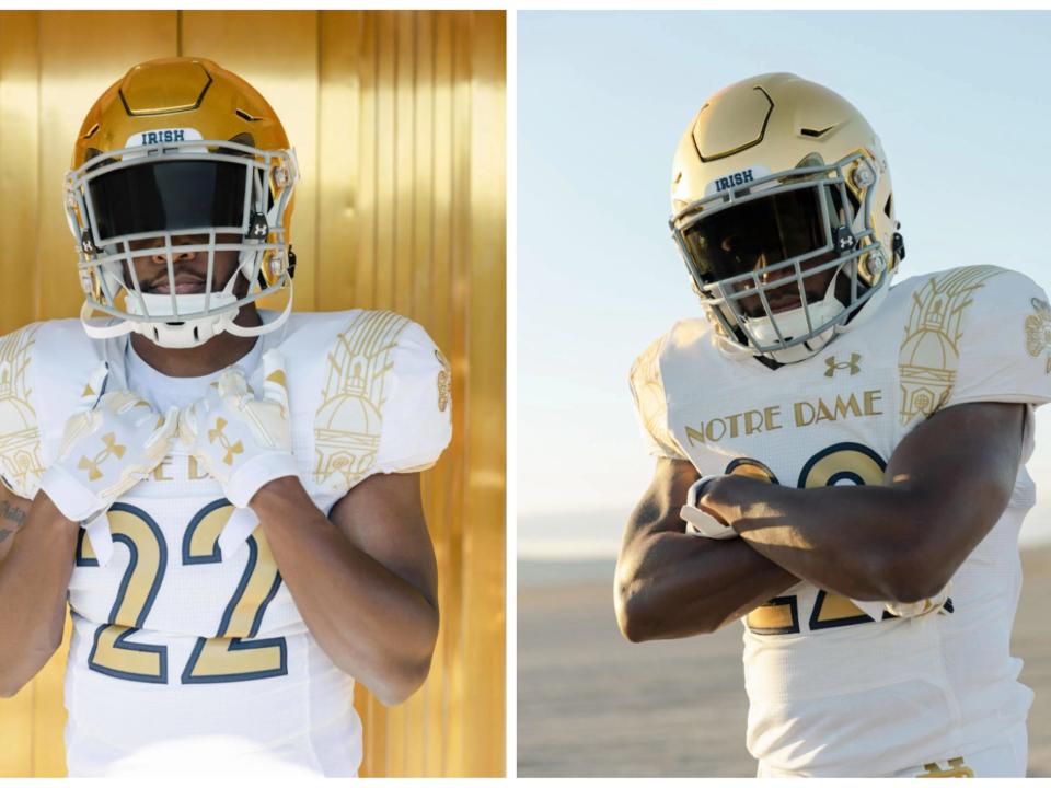 A side-by-side photo shows the white-and-gold Notre Dame Shamrock Series uniforms.