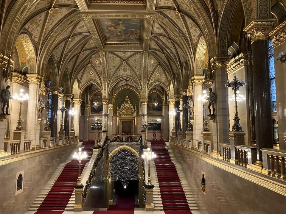 grand staircase inside the parliament building in Budapest hungary