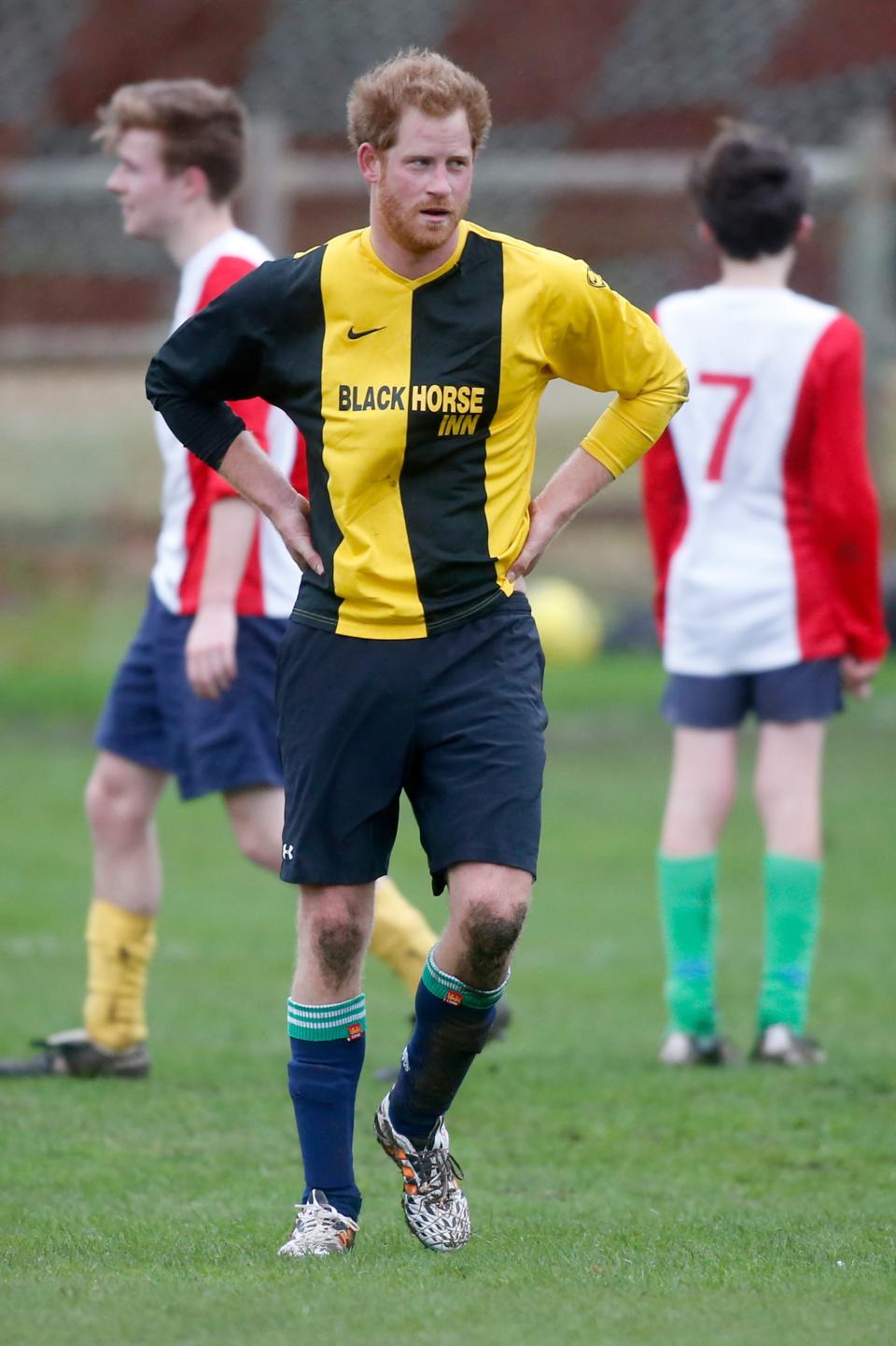 PRINCE HARRY
Norfolk, U.K., 2015
The Duke of Sussex’s kickabout kit is very cool, but the look on his face burns with the intensity of an athlete.