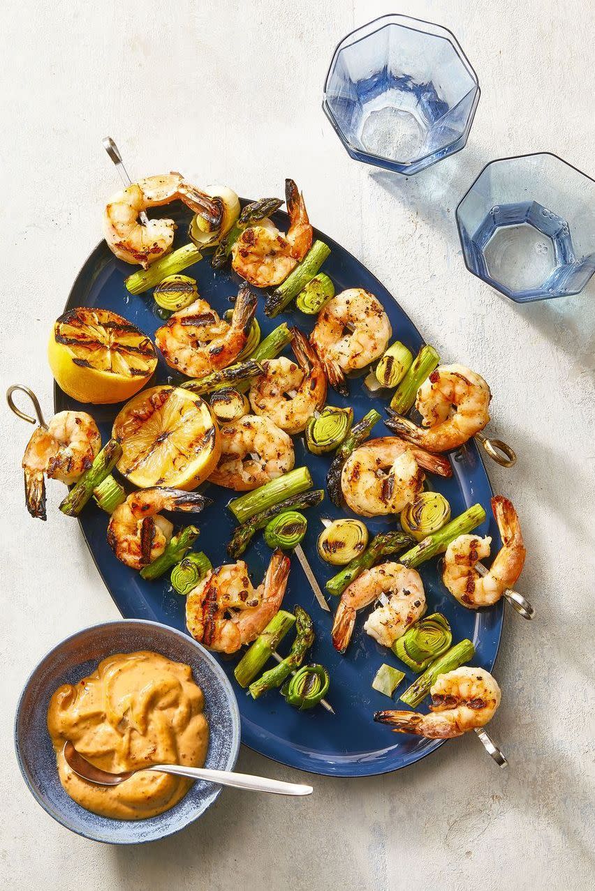 Charred Shrimp, Leek, and Asparagus Skewers