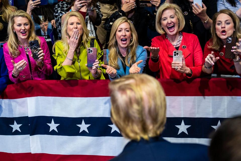 Republican presidential candidate former President Donald Trump greets supporters and signs autographs after speaking at a campaign rally held at the Winthrop Coliseum in Rock Hill, South Carolina on Feb. 23, 2024. (Jabin Botsford/The Washington Post via Getty Images)