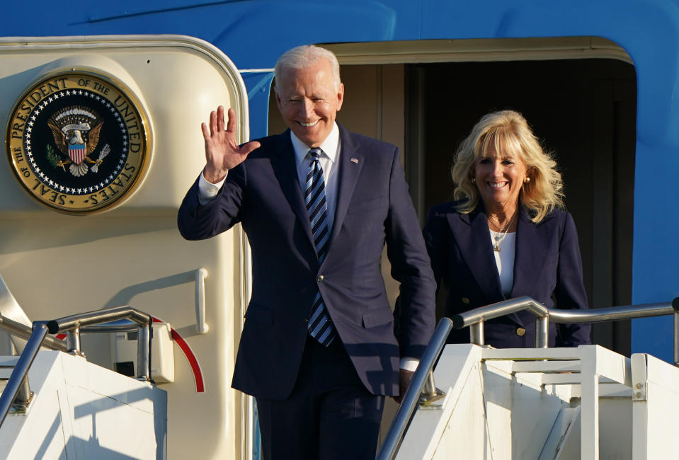 US President Joe Biden and First Lady Jill Biden arrive on Air Force One at RAF Mildenhall in Suffolk, ahead of the G7 summit in Cornwall. Picture date: Wednesday June 9, 2021.