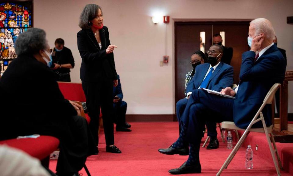 Representative Lisa Blunt speaks with Joe Biden, along with members of the clergy and community leaders at Bethel AME church in Wilmington, Delaware.