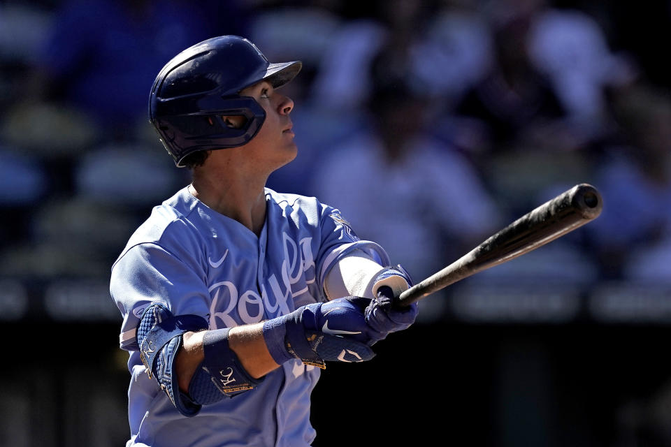 Kansas City Royals' Nick Pratto watches his two-run home run during the sixth inning of the first game of a baseball doubleheader against the Chicago White Sox Tuesday, Aug. 9, 2022, in Kansas City, Mo. (AP Photo/Charlie Riedel)
