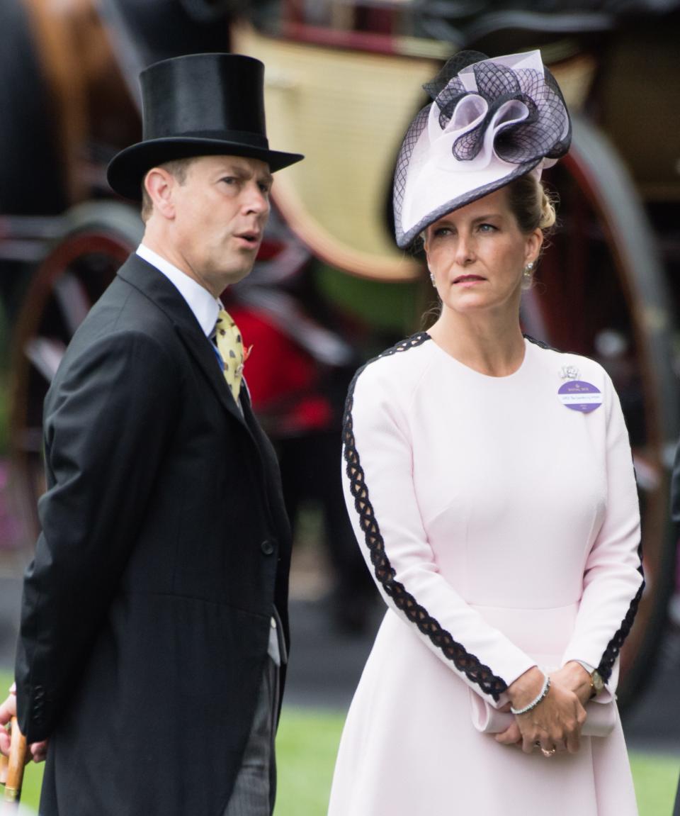 Sophie, Countess of Wessex, wears a pale pink dress with black lace on the sleeves