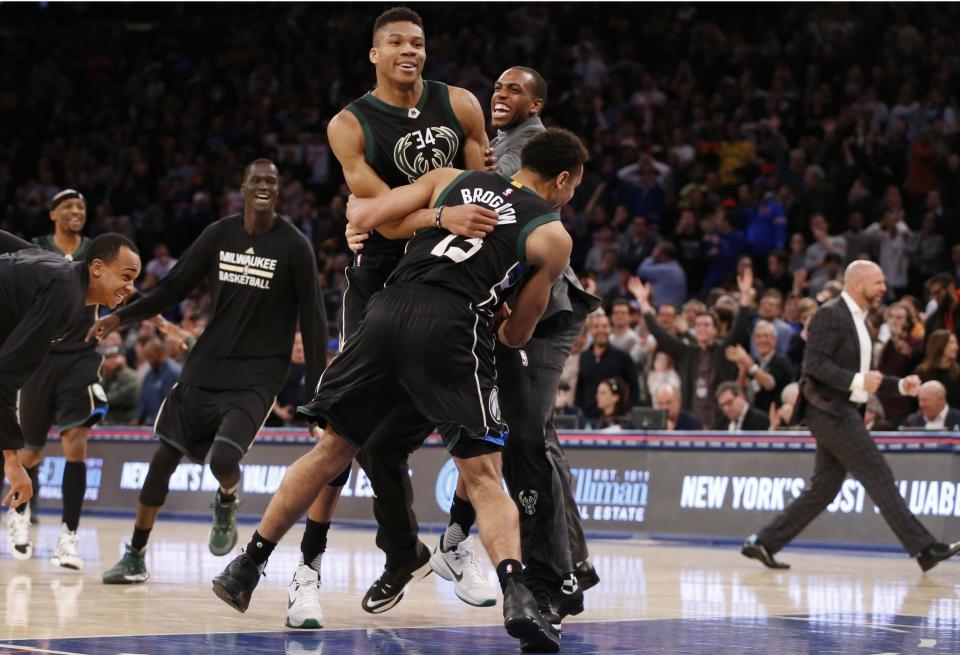 The Bucks have Giannis Antetokounmpo, and so, they celebrate. (AP)