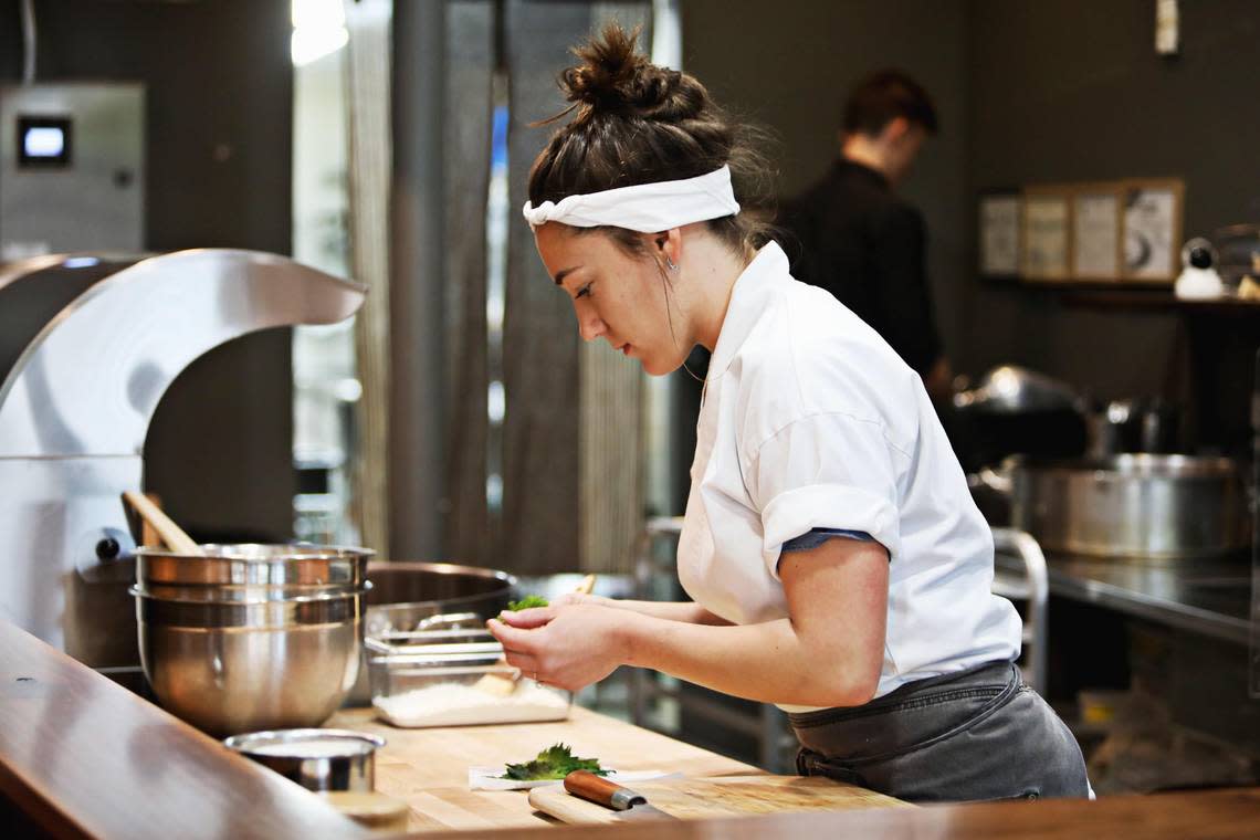 M Tempura’s chef de cuisine Savannah Muller preps a dish before lunch service at M Tempura in Durham Wednesday, April 4, 2019. Miller will be the first Triangle chef to compete on Bravo’s cooking competition show Top Chef.