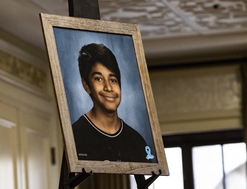 A framed photo showed Diego Stolz, 13, who was fatally injured in an assault on Sept. 16 at Landmark Middle School in Moreno Valley. (Credit: Gina Ferazzi / Los Angeles Times)