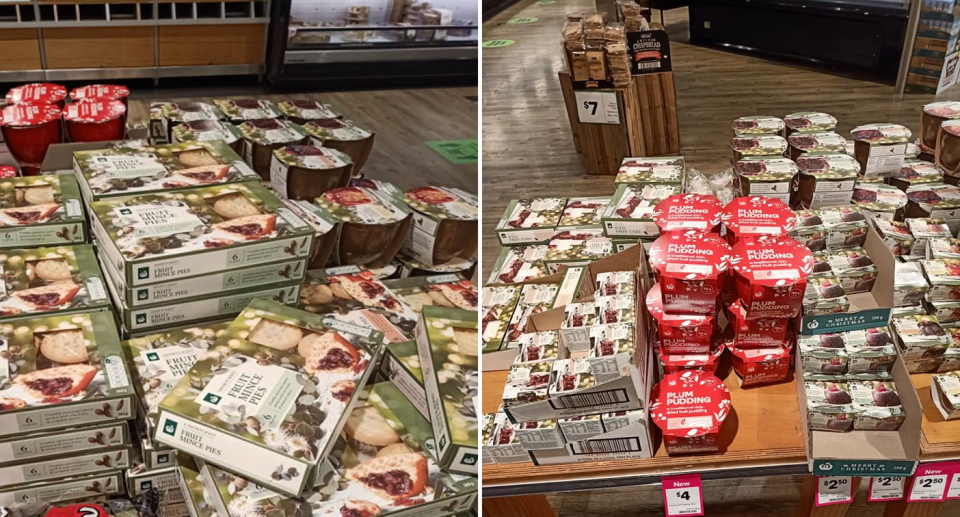 Woolworths display of fruit mince pies and Christmas puddings. Source: Facebook