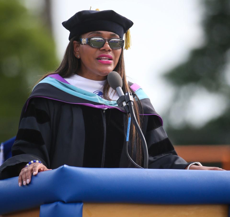 Capital School District Superintendent Vilicia Cade speaks as Dover High School hosts commencement for 440 graduates in the class of 2022 Friday, June 10, 2022.