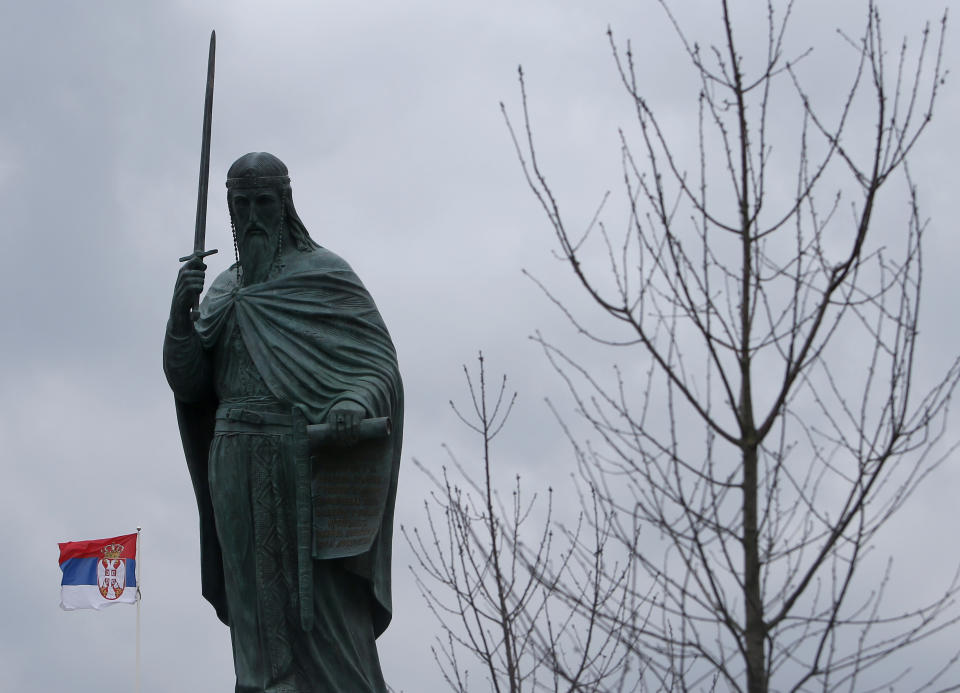 A new monument of Stefan Nemanja is seen on Sava Square in Belgrade, Serbia, Wednesday, Jan. 27, 2021. Serbia's President Aleksandar Vucic is to unveil a soaring monument of Stefan Nemanja, a 12th century Serbian ruler on Saint Sava Day, January 27. President Aleksandar Vucic's allies say it will be a new symbol of the Serbian capital while opponents think it is a monument to his populist rule. (AP Photo/Darko Vojinovic)