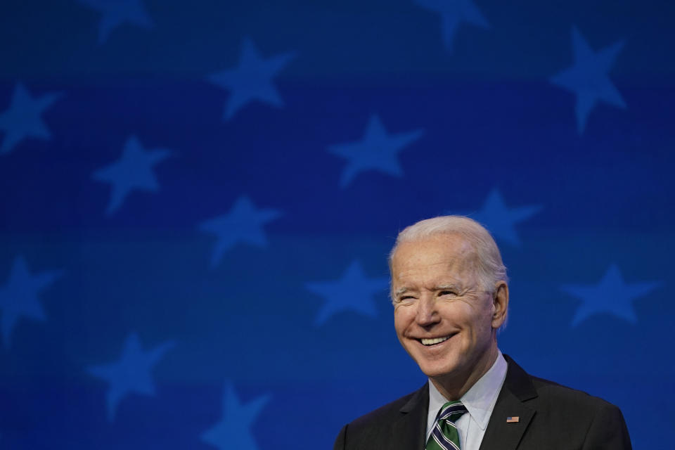 President-elect Joe Biden speaks during an event at The Queen theater, Saturday, Jan. 16, 2021, in Wilmington, Del. (AP Photo/Matt Slocum)