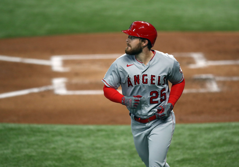ARLINGTON, TEXAS - SEPTEMBER 10: Jared Walsh #25 of the Los Angeles Angels after hitting a three-run home run.