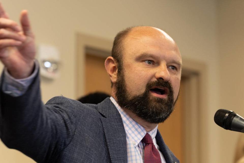 State Rep. Kevin Schmidt, a Millstadt Republican who represents the 114th District, speaks during a news conference for the proposed Healthcare Protection Act at the Memorial Hospital Orthopedic and Neurosciences Center on Monday in Belleville. Schmidt, who is a chiropractor, supports the bill.