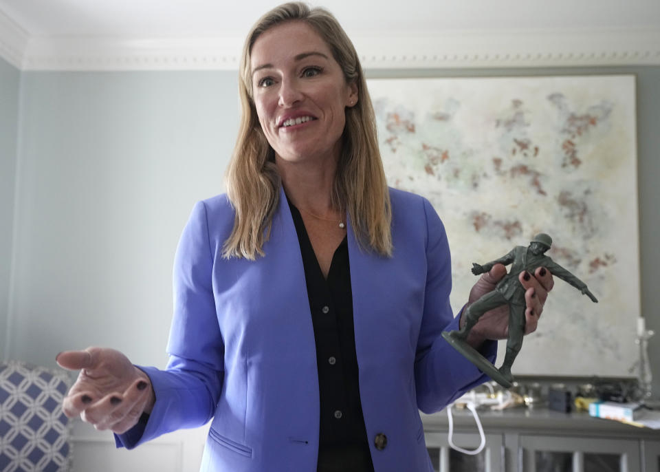 Nurse Practitioner and former Democratic candidate for the Virginia House of Delegates, Susanna Gibson, gestures during an interview at her home Wednesday Nov. 15, 2023, in Henrico, Va. (AP Photo/Steve Helber)