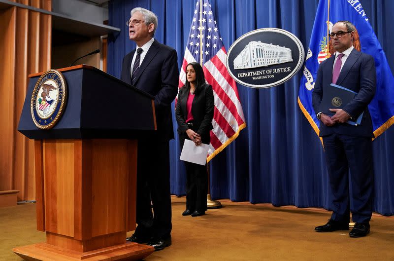 FILE PHOTO: U.S. Attorney General Merrick Garland announces U.S. Justice Department anti-trust lawsuit against Google in Washington