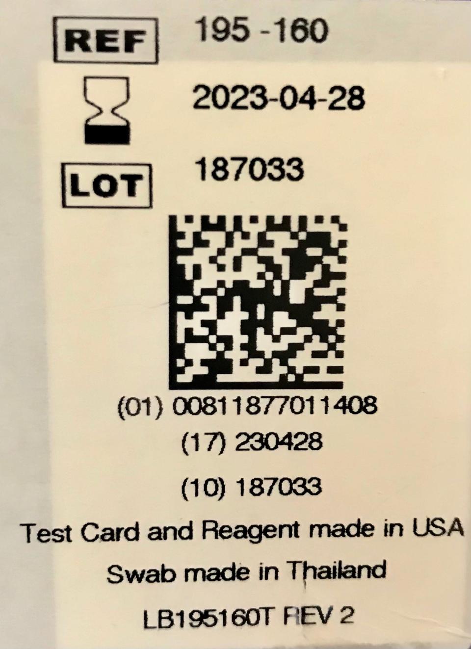 Here's an example of what a lot number and expiration date look like on a COVID-19 at home test. This one is BinaxNOW Antigen Self Test by Abbott Diagnostics. Lot 187033, which originally expired 04/28/2023 has now been extended to 11/28/2023.