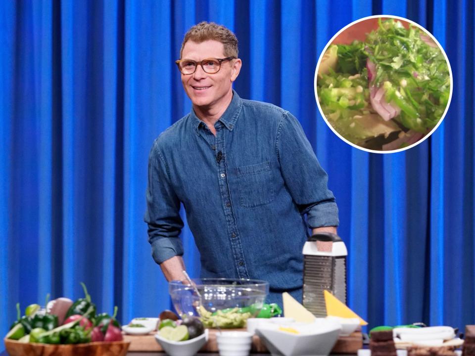 bobby flay against blue curtain backdrop and guacamole in white circle