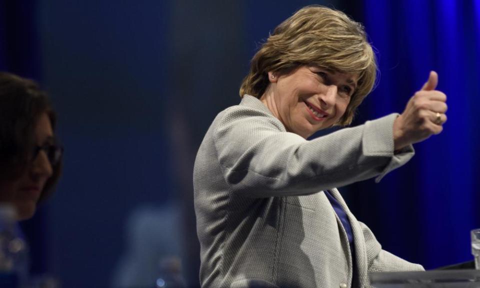 Randi Weingarten, the president of the American Federation of Teachers, speaks to the audience at the annual convention on Friday.