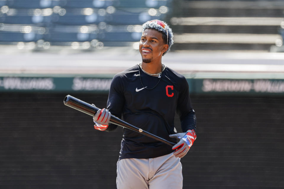 Cleveland Indians' Francisco Lindor prepares to bat during baseball practice at Progressive Field, Monday, July 6, 2020, in Cleveland. (AP Photo/Ron Schwane)
