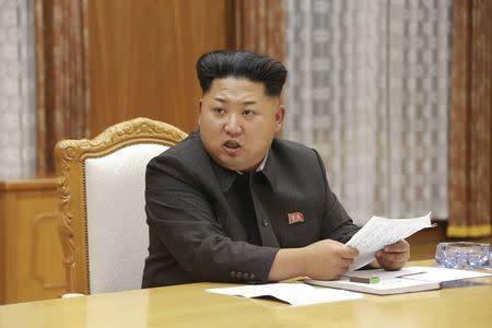 North Korean leader Kim Jong Un speaks at an emergency meeting of the Workers' Party of Korea (WPK) Central Military Commission, in this undated photo released by North Korea's Korean Central News Agency (KCNA) in Pyongyang on August 21, 2015. REUTERS/KCNA