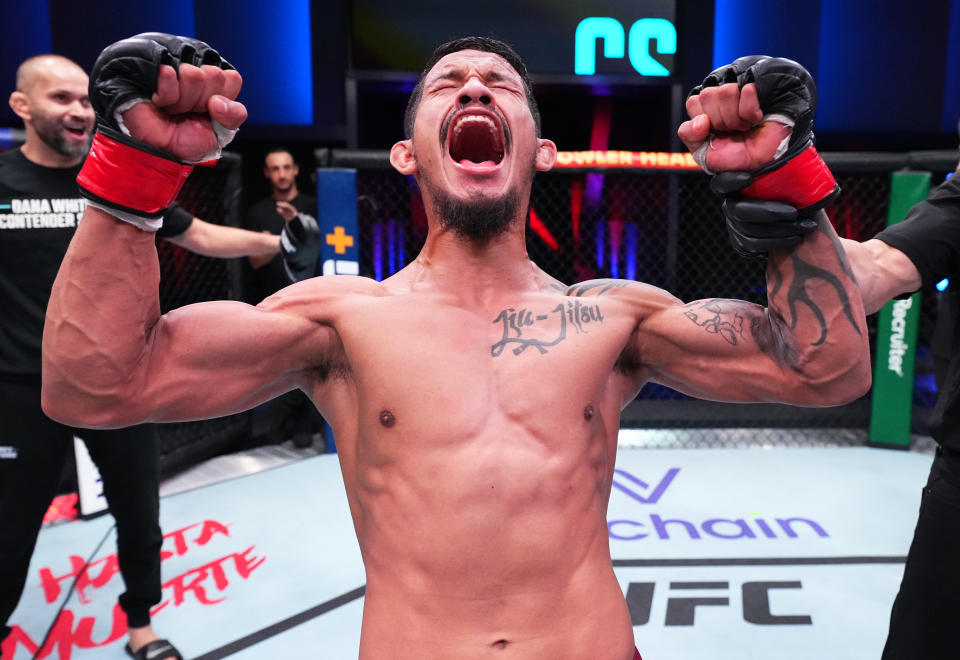 LAS VEGAS, NEVADA – SEPTEMBER 27: Rafael Estevam of Brazil reacts after his victory over Joao Elias of Brazil in a flyweight fight during Dana White’s Contender Series season six, week ten at UFC APEX on September 27, 2022 in Las Vegas, Nevada. (Photo by Chris Unger/Zuffa LLC)