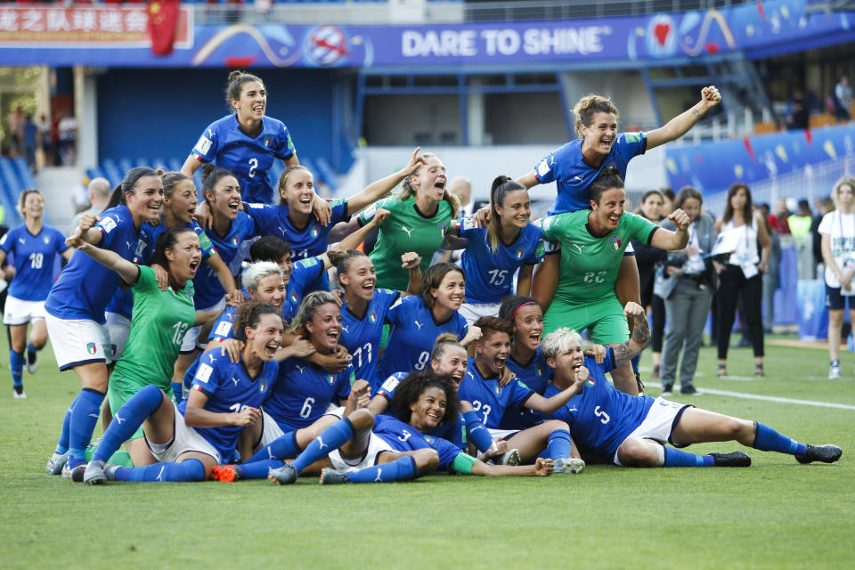 Italy players celebrate at the end of the Women's World Cup round of 16 soccer match between Italy and China at Stade de la Mosson in Montpellier, France, Tuesday, June 25, 2019. Italy won 2-0. (AP Photo/Claude Paris)
