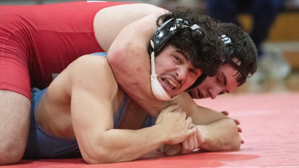 Delsea's Alex Grippo controls Wayne Valley's Adam Noufal during the 215 lb. bout of the state Group 3 wrestling semifinal held at Delsea Regional High School on Friday, February 9, 2024. Grippo defeated Noufal by pin.