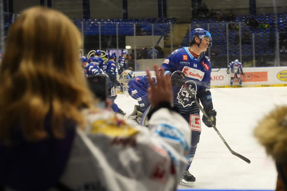 Jaromir Jagr, of Kladno Knights, warms up for the first Czech hockey league match against Ceske Budejovice in Kladno, Czech Republic, Sunday, Jan. 21, 2024. (AP Photo/Petr David Josek)