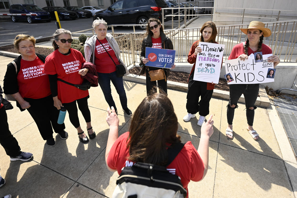 A day after a shooting at Covenant School a group of activist mothers rally at the state capitol, Tuesday, March 28, 2023, in Nashville, Tenn. (AP Photo/John Amis)