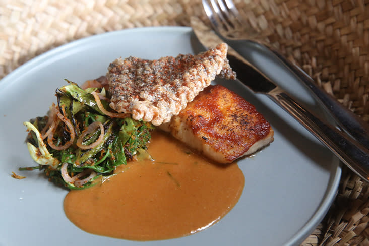 Based on an Indonesian 'pindang kecombrang' dish, this locally sourced seabass is pan fried and served with a sauce made with organic 'kecombrang'.