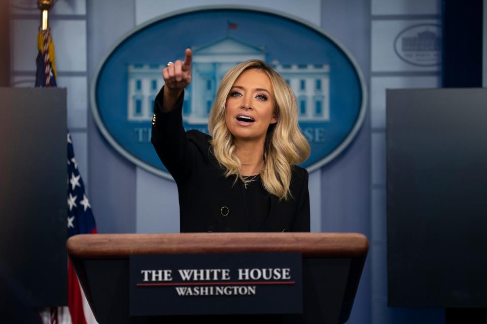 White House press secretary Kayleigh McEnany speaks during a press briefing at the White House, Friday, May 1, 2020, in Washington. 