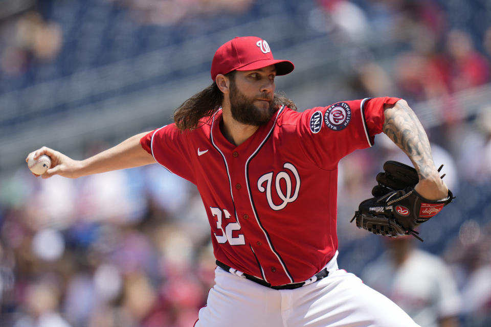 Washington Nationals starting pitcher Trevor Williams throws to the Philadelphia Phillies in the first inning of a baseball game, Sunday, June 4, 2023, in Washington. (AP Photo/Patrick Semansky)